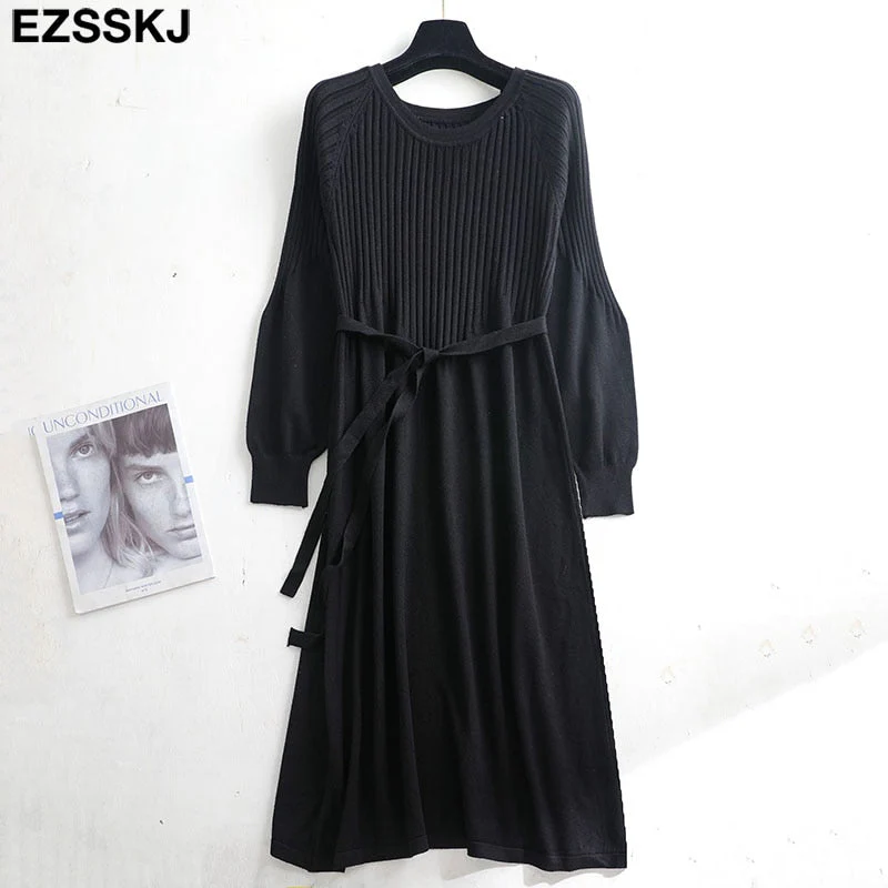 Christmas Gift Deanwangkt autumn winter o-neck midi sweater dress women A-Line midi sweater dress with belt elegant a-line solid loose dress - Deanwangkt