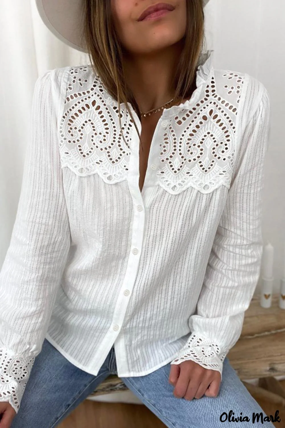 Deanwangkt - White Hollow Out Patch Button Down Long Sleeve Shirt - Deanwangkt