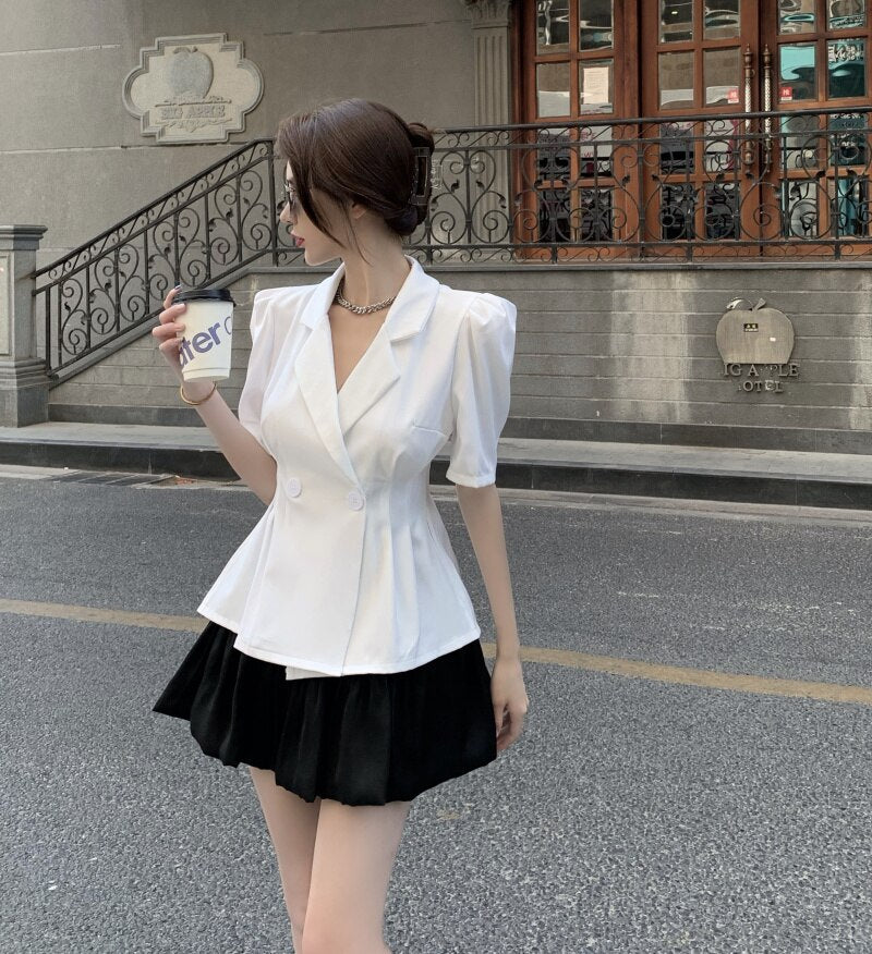 Christmas Gift 2PCS Women Summer Deanwangkt Blazer Coat + Short Skirts Sets Elegant Short Sleeve OL Suits Korean Ladies Clothing Set Female 9397# - Deanwangkt