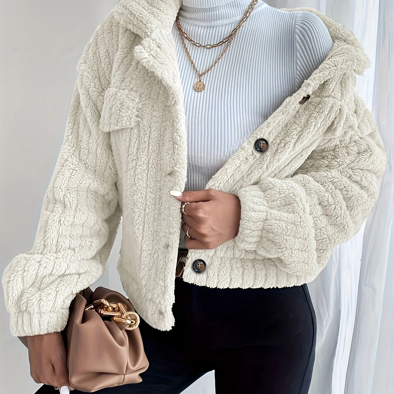 deanwangkt-1  Casual Lapel Fuzzy Thermal Coat, Solid Pocket Long Sleeve Teddy Coat For Fall & Winter, Women's Clothing - Deanwangkt