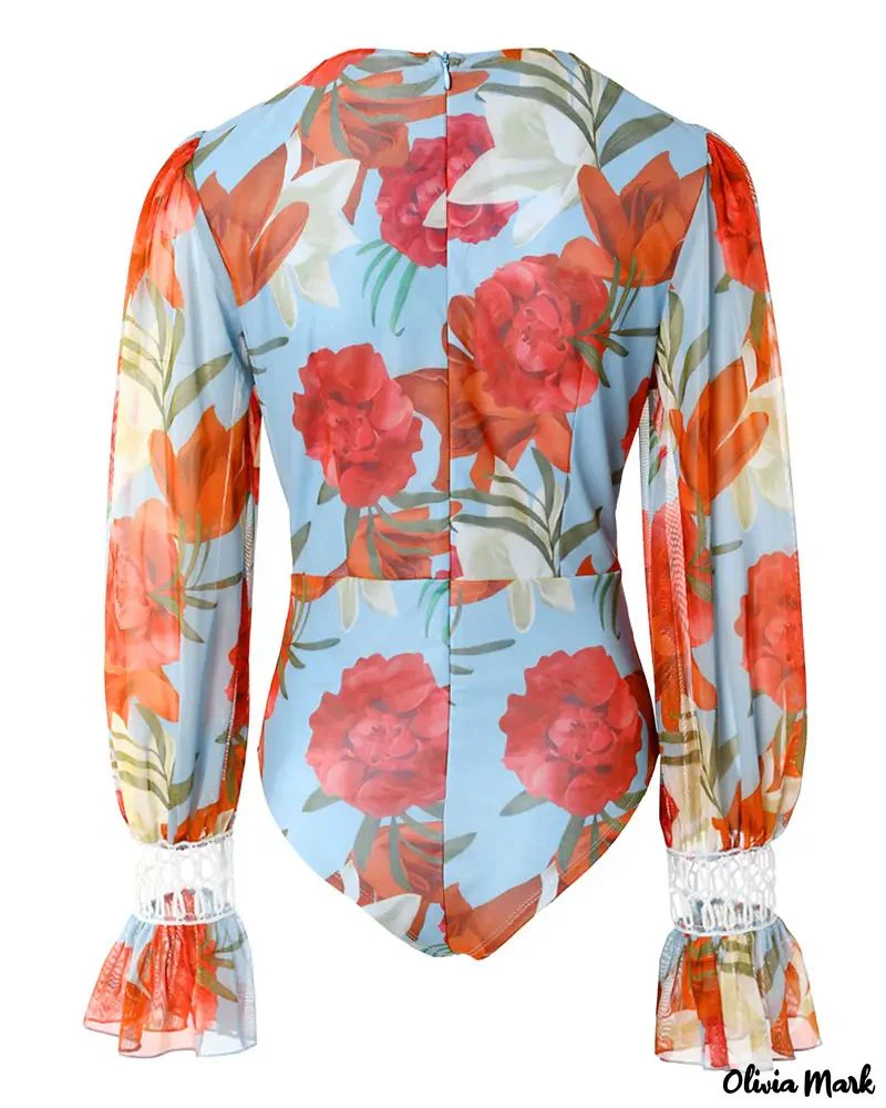 Deanwangkt - Floral Print Lantern Sleeve Lace Bodysuit - Deanwangkt