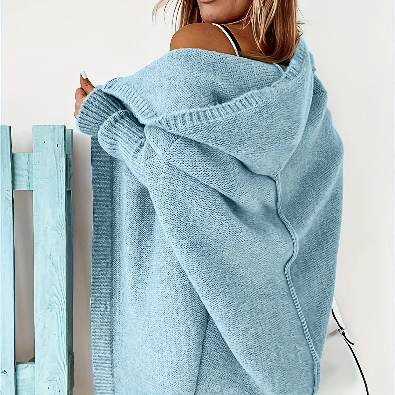 deanwangkt-1  Solid Open Front Hooded Cardigan, Casual Batwing Sleeve Mid Length Sweater For Fall & Winter, Women's Clothing - Deanwangkt