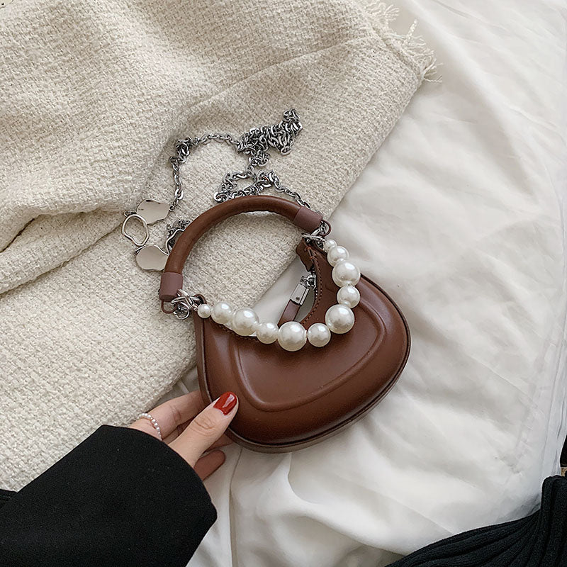 Back To College Deanwangkt Kawaii Tote PU Leather Half Moon Armpit Bag With Pearl Short Handle Women's Designer Handbag Luxury Shoulder Crossbody Bag - Deanwangkt