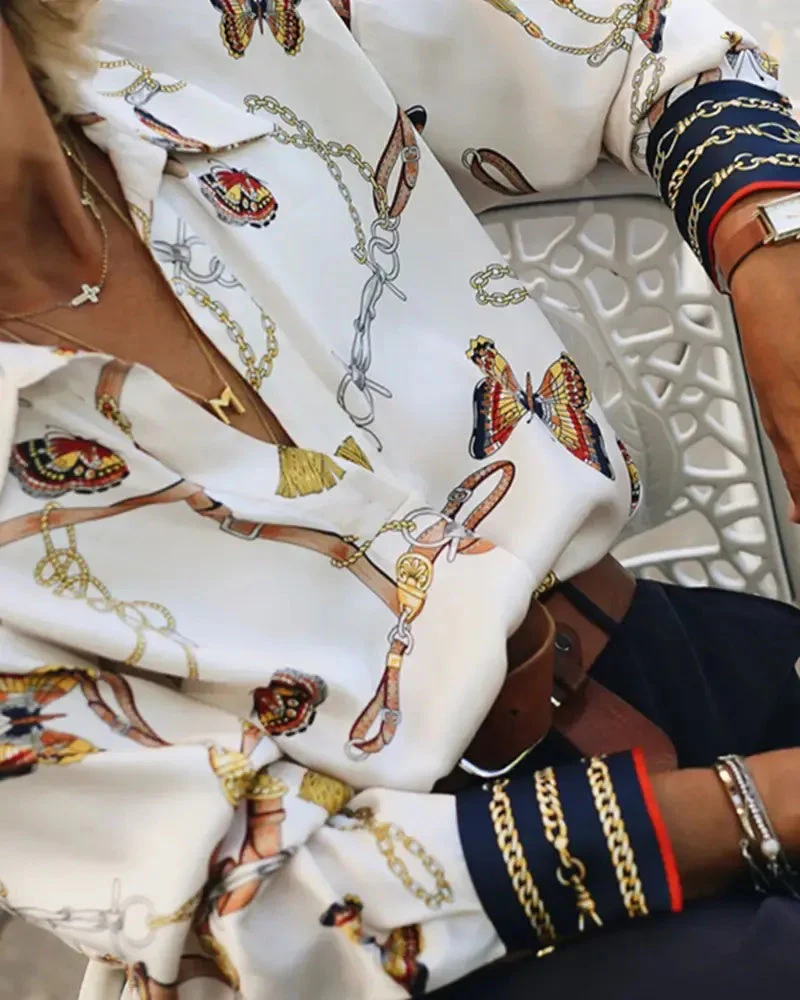 Deanwangkt - Chain Butterfly Print Long Sleeve Casual Shirt - Deanwangkt