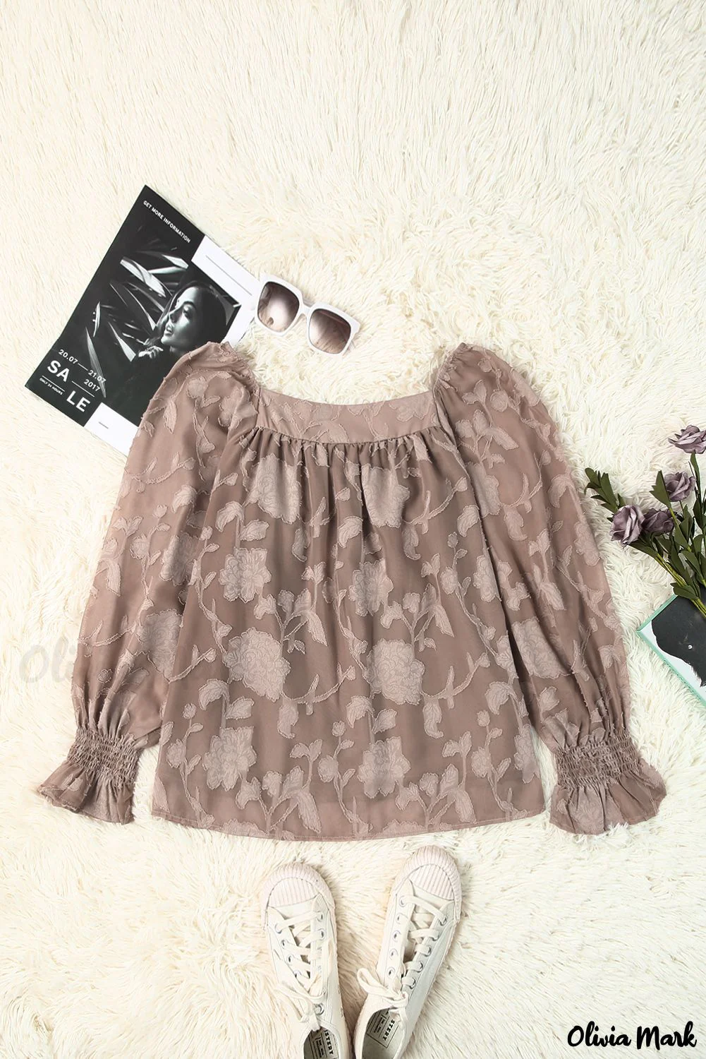 Deanwangkt - Khaki Floral Textured Square Neck Blouse - Deanwangkt