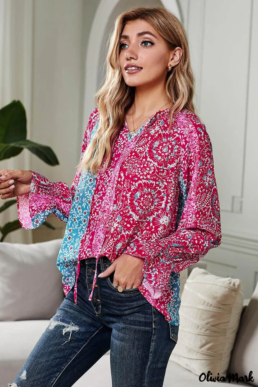 Deanwangkt - Pink Printed Split Collar Blouse - Deanwangkt
