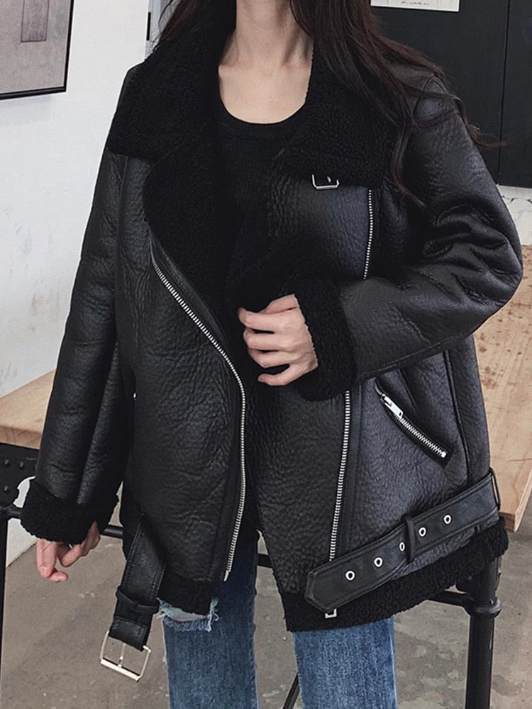 Black Friday Sales New Women Lamb Fur Faux Leather Jacket Coat Turn Down Collar Winter Thick Warm Zipper With Belt Outerwear - Deanwangkt