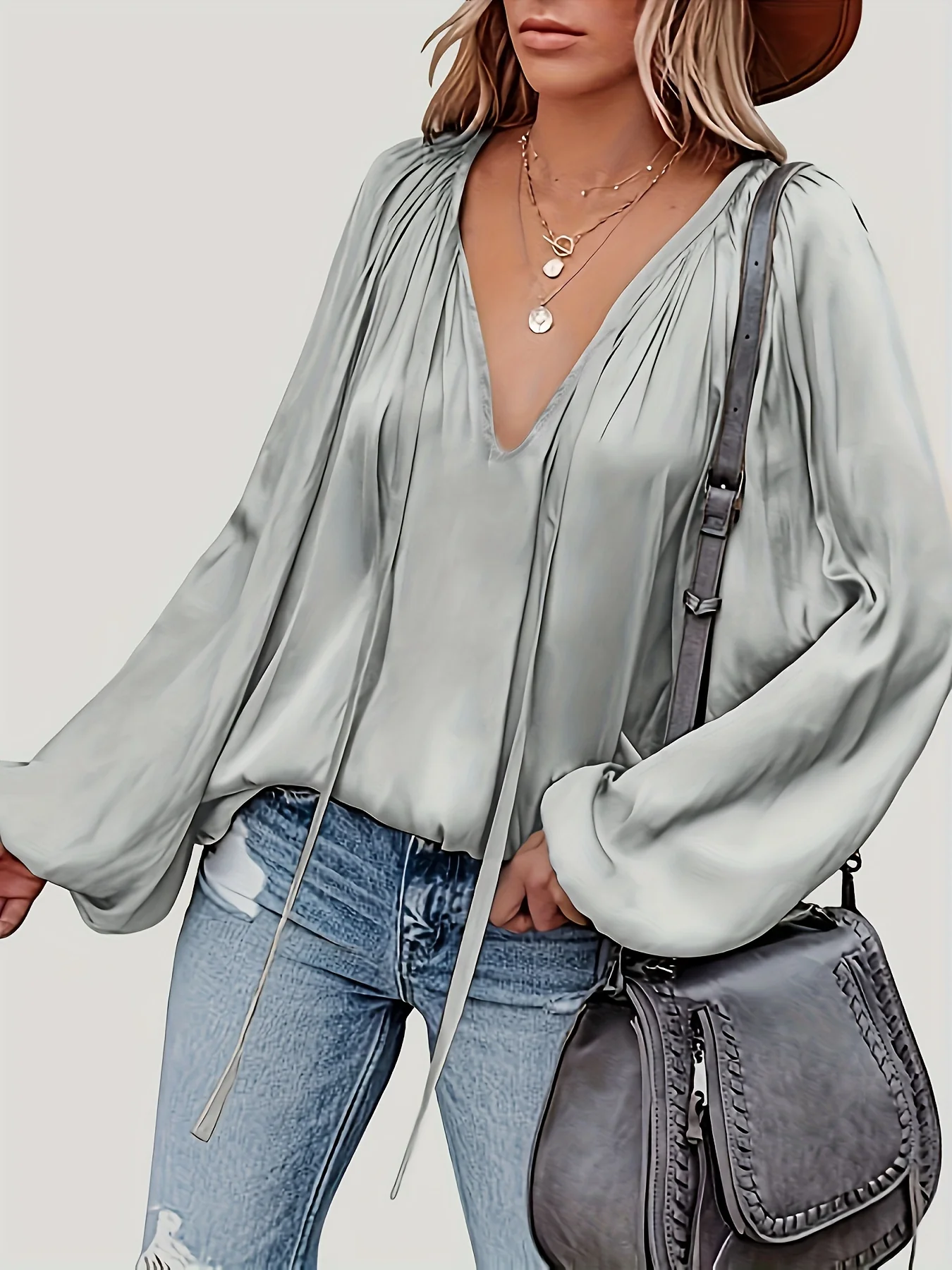 Solid Tie Neck Pleated Blouse, Casual Long Sleeve Blouse For Spring & Fall, Women's Clothing - Deanwangkt