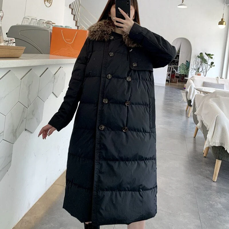 Black Friday Sales New Winter Women Natural Fox Fur Collar 90% White Duck Down Parka Casual Female Double Breasted Long Down Coat Outwear - Deanwangkt