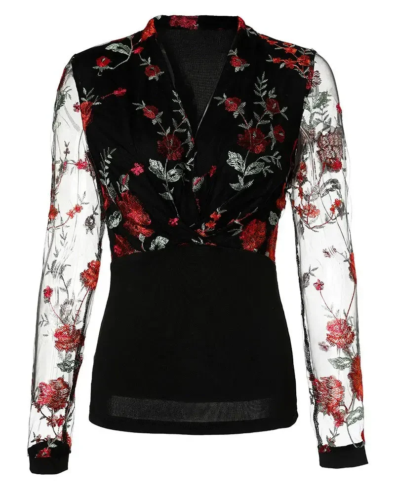 Deanwangkt - Sheer tulle long sleeve top with floral embroidery - Deanwangkt