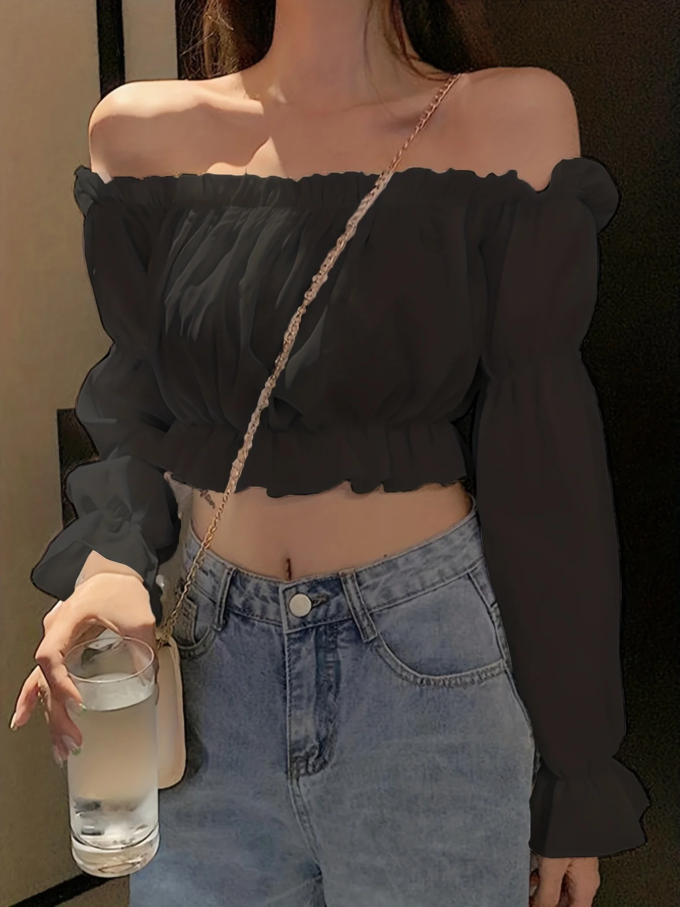 Off Shoulder Ruffle Trim Blouse, Long Sleeve Casual Crop Top, Women's Clothing - Deanwangkt