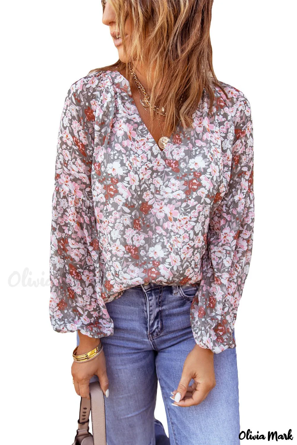 Deanwangkt - Multicolor Floral Print V-Neck Long Puff Sleeve Blouse - Deanwangkt
