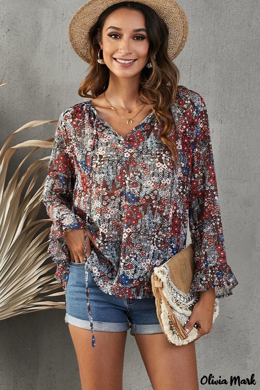 Deanwangkt - Multicolor Floral Print Drawstring Long Sleeve Blouse - Deanwangkt
