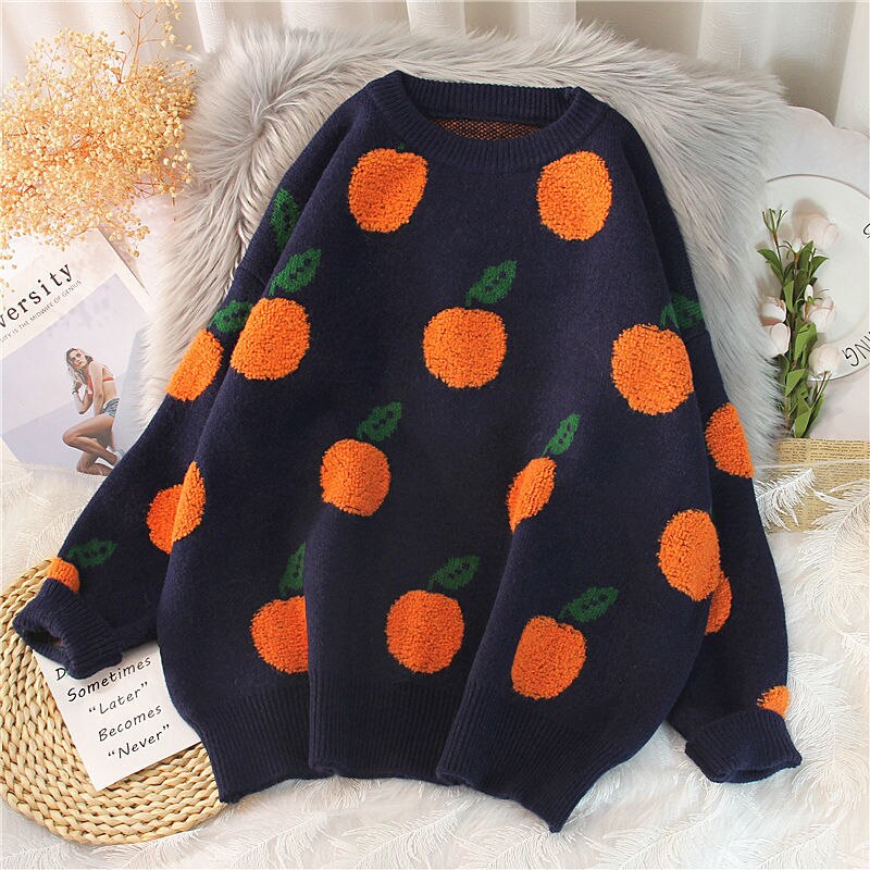 Christmas Gift Autumn and Winter New Sweater Pullover, Cherry Pattern Long Sleeve Sweater, Retro Sweet Beauty High Collar Knitted Pullover - Deanwangkt