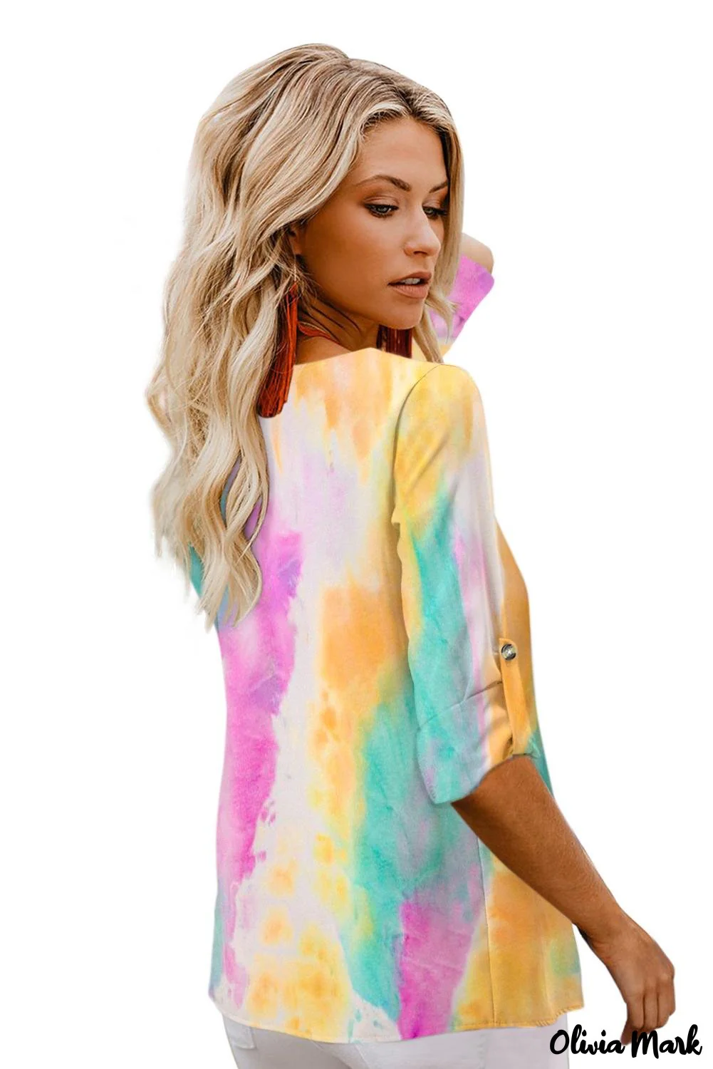 Deanwangkt - Blue Tie-Dye Long Sleeve V-Neck Blouse With Button Closure - Deanwangkt