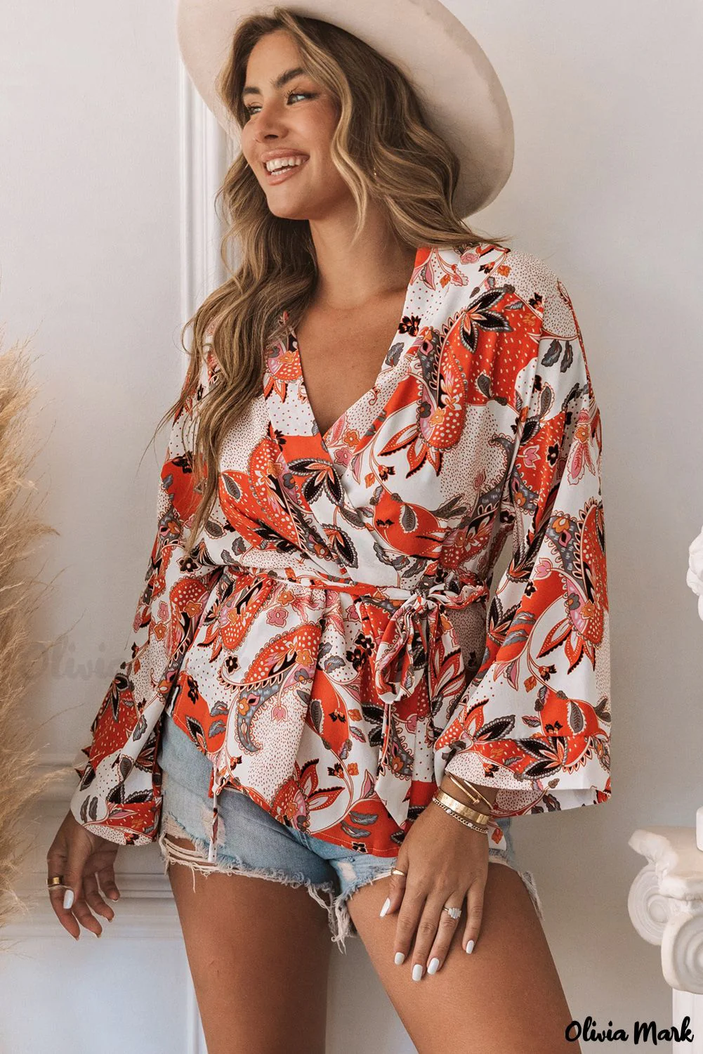 Deanwangkt - Orange floral wrap kimono blouse - Deanwangkt