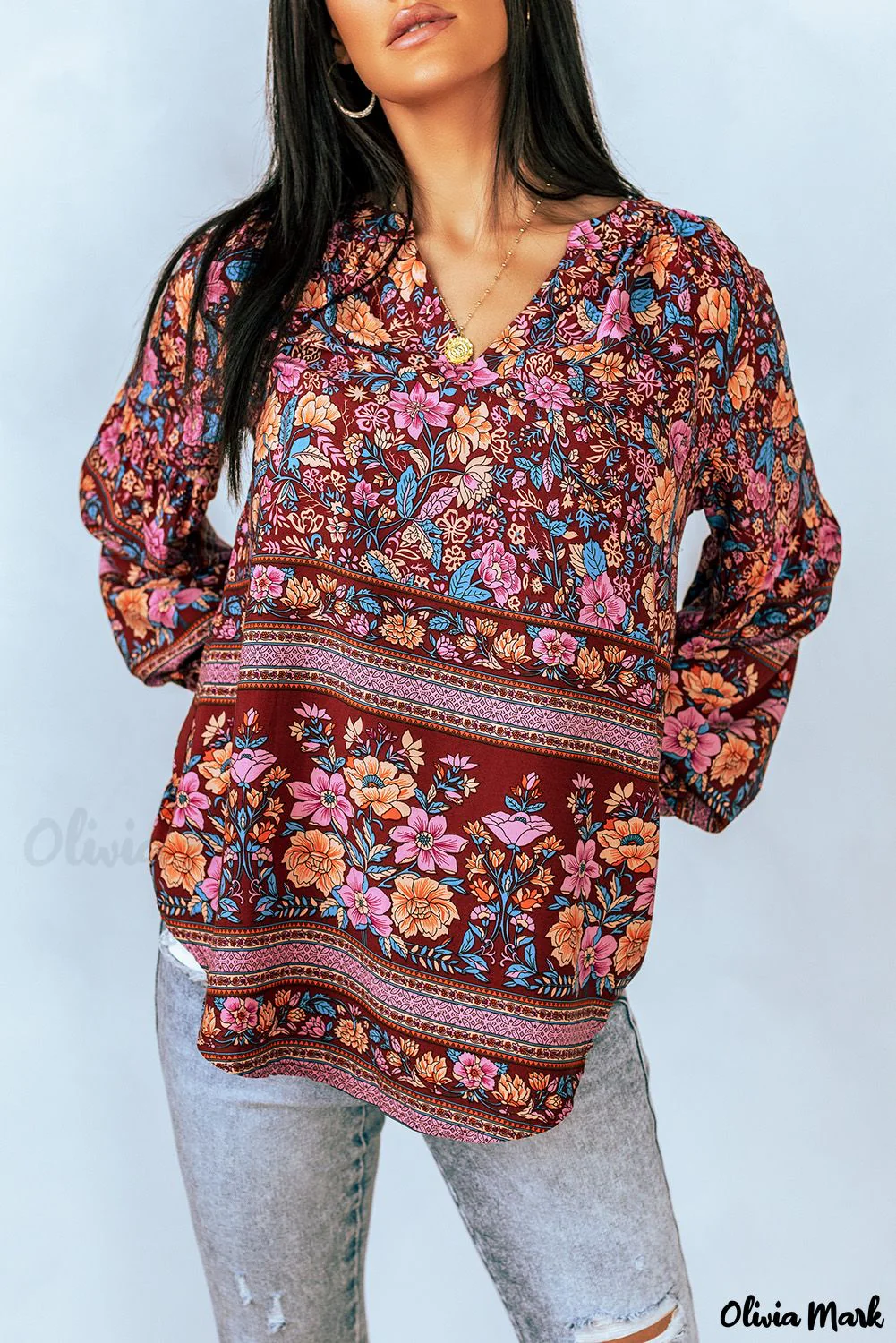 Deanwangkt - Floral Print V-Neck Long Sleeve Blouse - Deanwangkt
