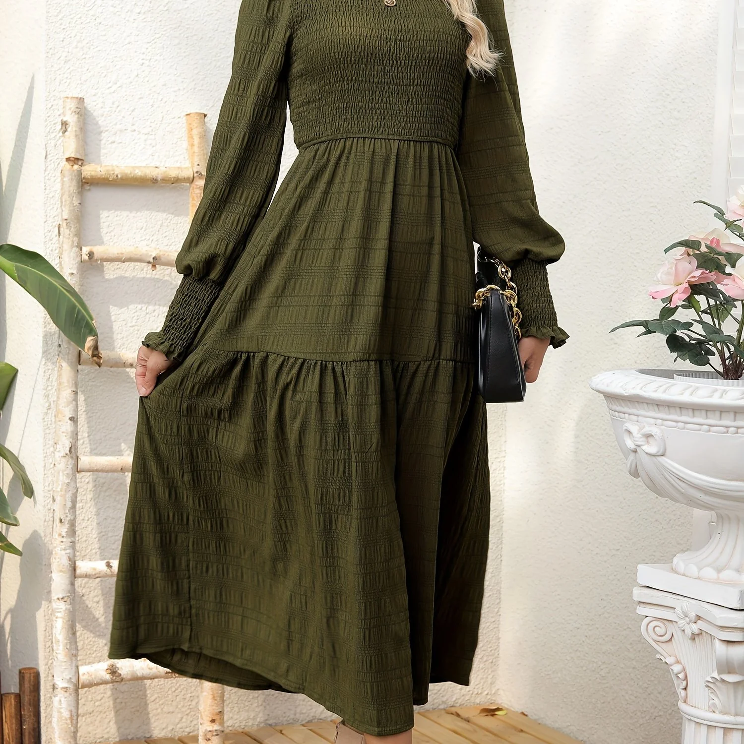 deanwangkt-1 Textured Shirred Dress, Casual Solid Long Sleeve Midi Dress, Women's Clothing - Deanwangkt