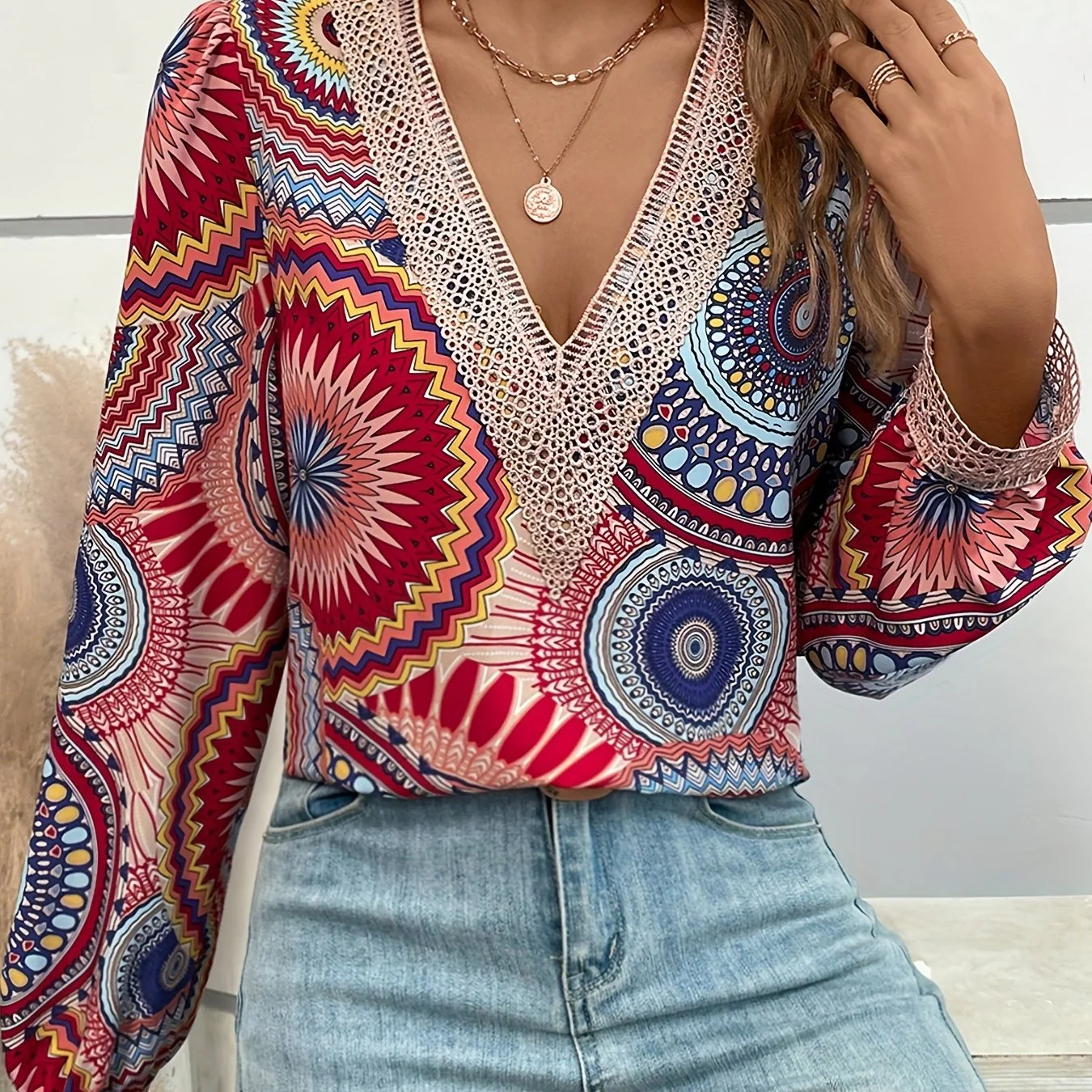 Mandala Floral Print Blouse, Boho Guipure Lace V Neck Long Sleeve Blouse, Women's Clothing - Deanwangkt
