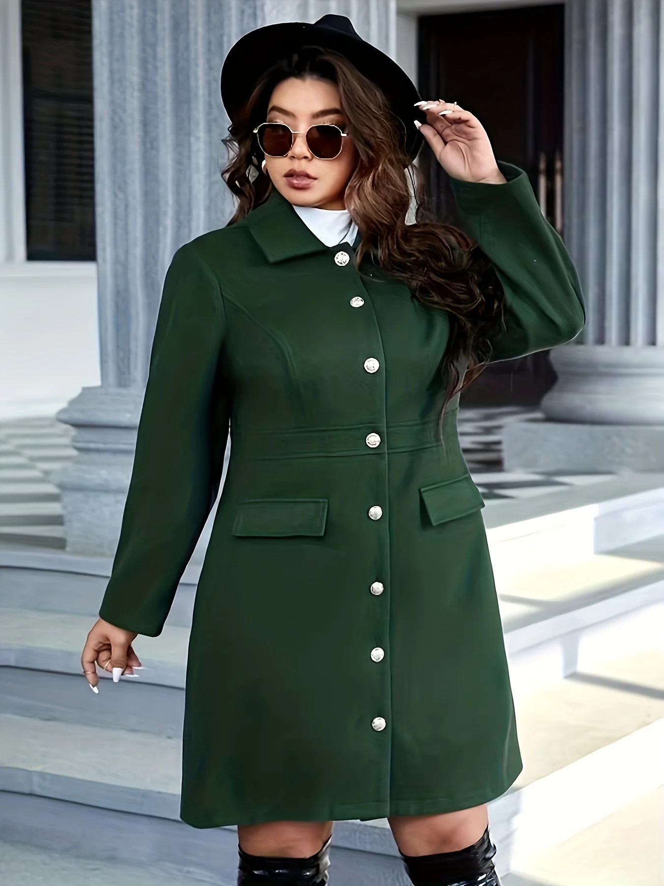 deanwangkt-1  Plus Size Elegant Coat, Women's Plus Solid Long Sleeve Button Up Lapel Collar Longline Woolen Coat With Flap Pockets - Deanwangkt