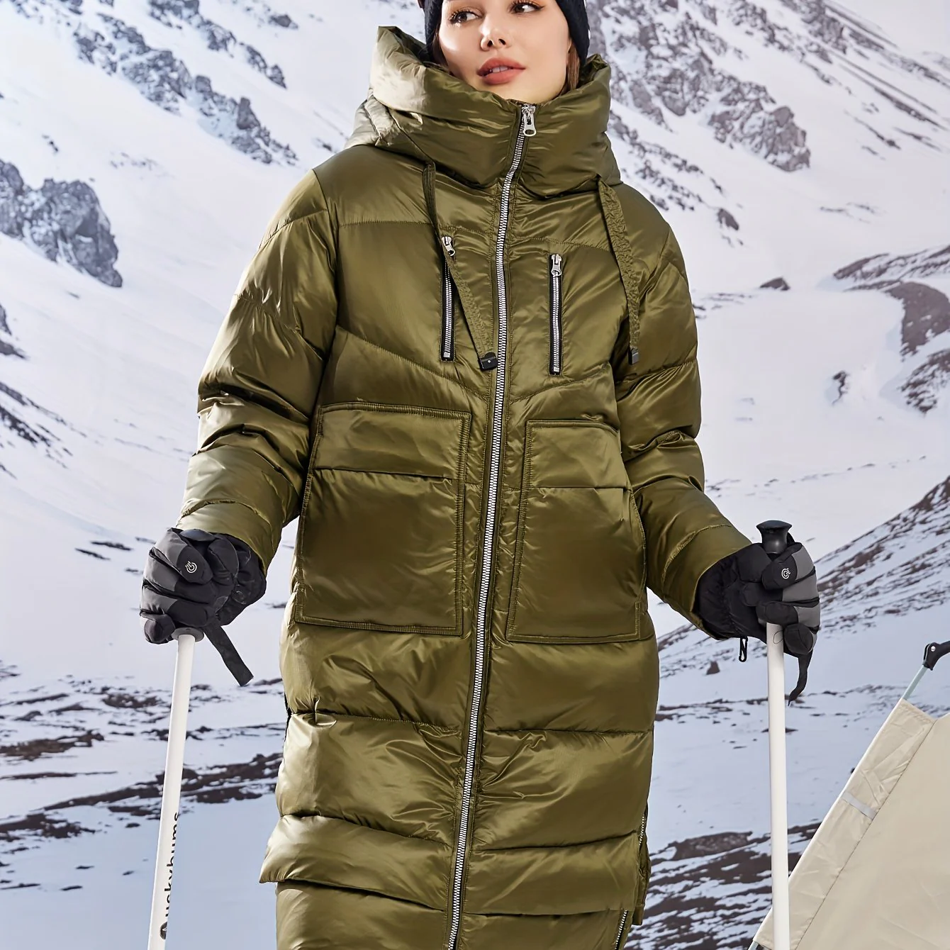 Thermal Zip-up Hoodie Knee Length Coat, Long Sleeve Pocket Puffy Outerwear For Fall & Winter, Women's Clothing - Deanwangkt