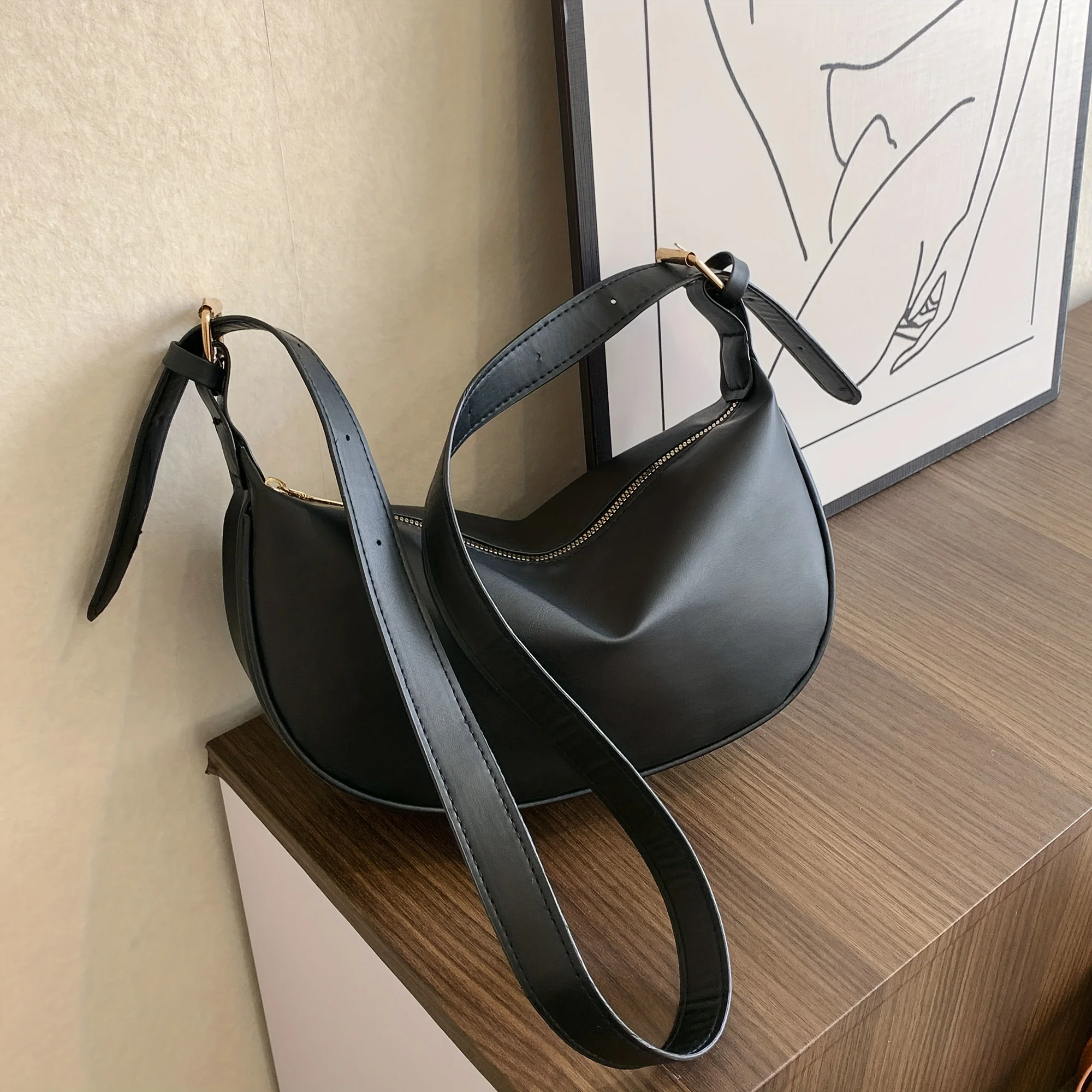 Minimalist Crescent Shoulder Bag, Casual Zipper Crossbody Purse, Women's Stylish Carry On Purse - Deanwangkt