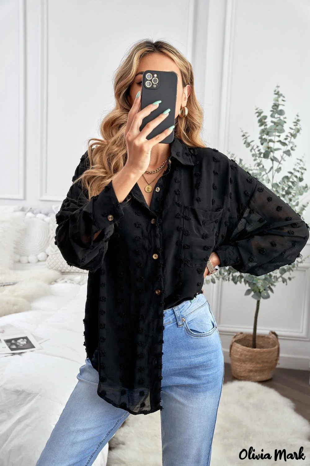 Deanwangkt - Green Polka Dot Long Sleeve Button Pocket Shirt - Deanwangkt