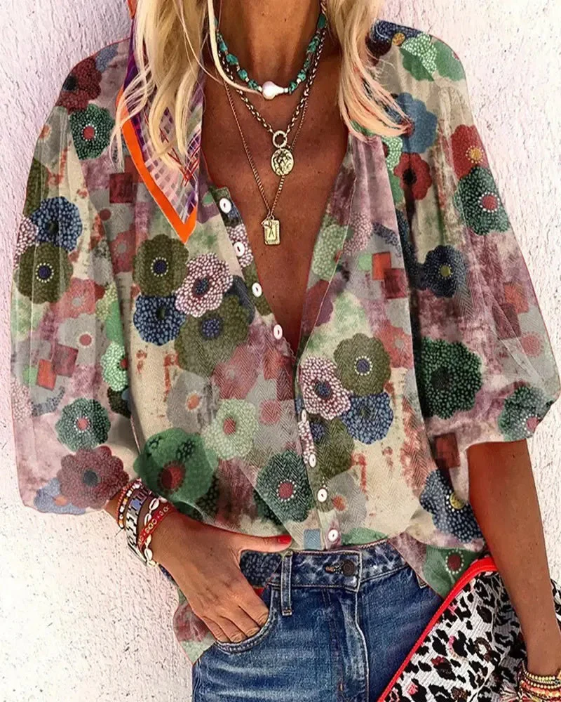 Deanwangkt - Floral Print Button Down Lantern Sleeve Shirt - Deanwangkt
