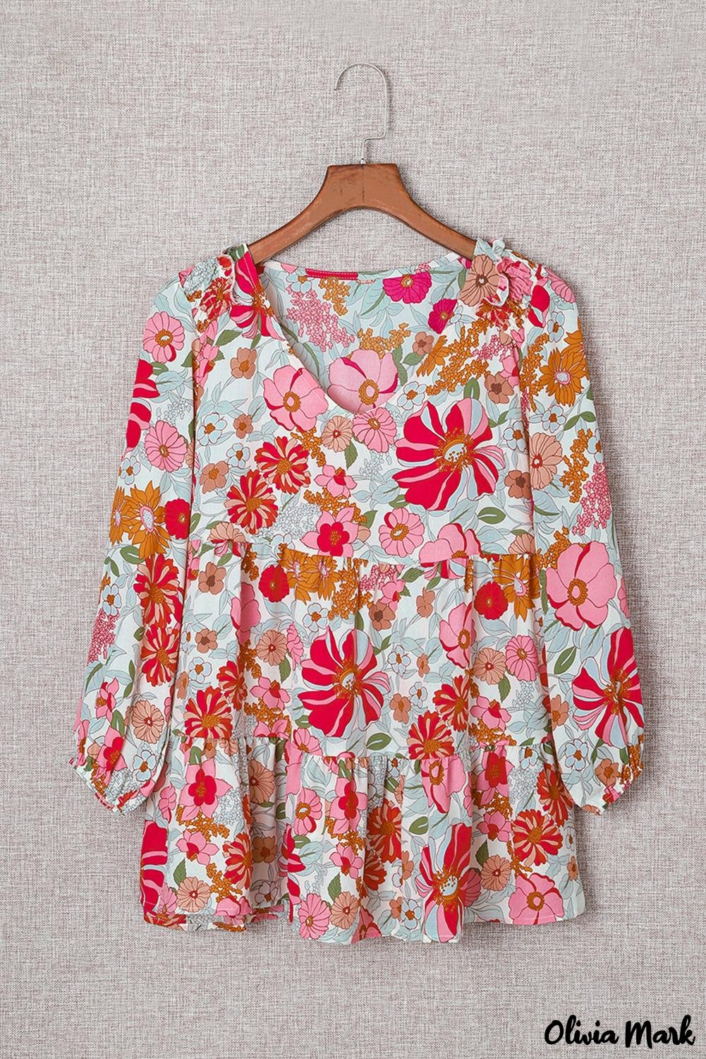 Deanwangkt - Floral Print Ruched Babydoll V-Neck Blouse - Deanwangkt