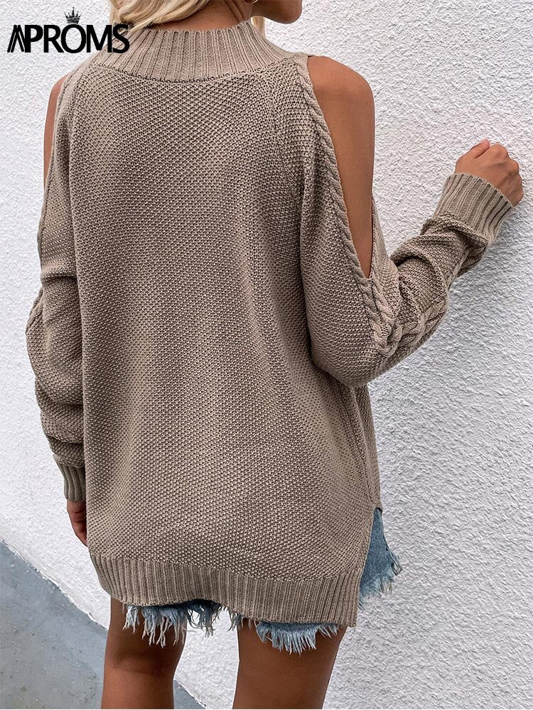Christmas Gift Aproms Elegant Cold Shoulder Knitted Loose Sweaters Women Deanwangkt Autumn Winter Side Split Pullovers Streetwear Fashion Jumpers Top - Deanwangkt