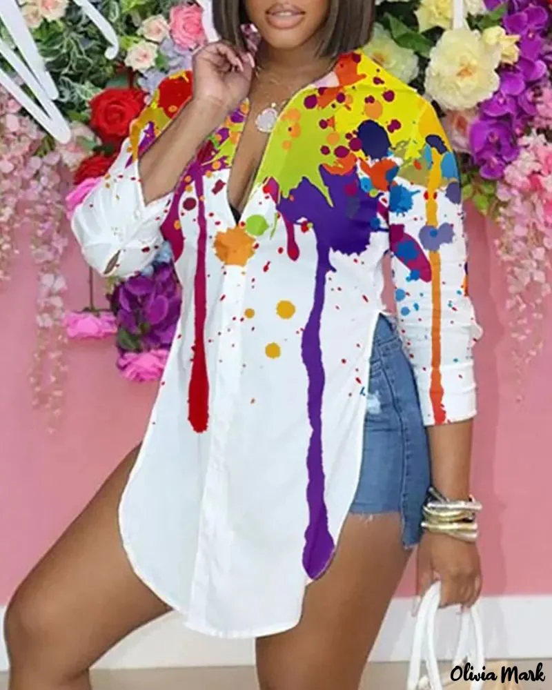 Deanwangkt - Ink Splash Print Slit Long Sleeve Shirt - Deanwangkt