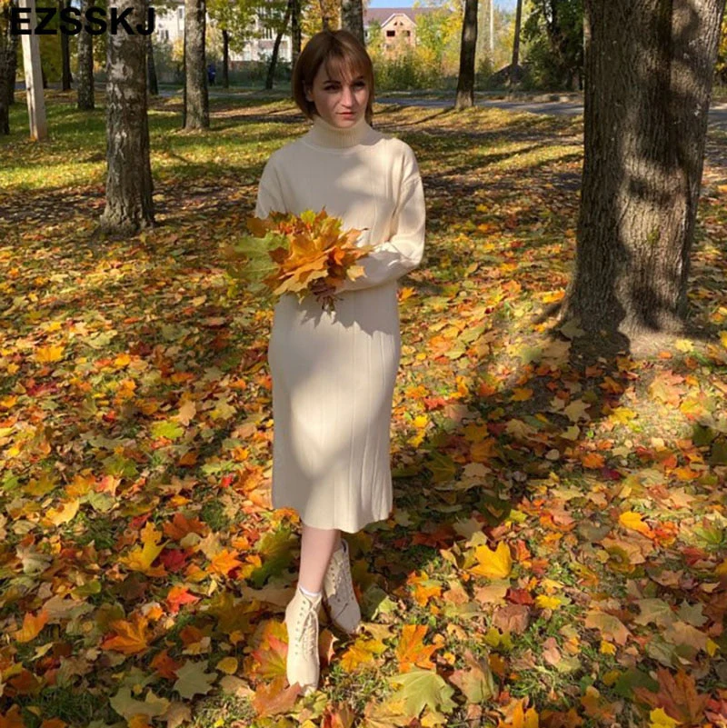 Christmas Gift Deanwangkt Autumn Winter long thick Sweater Dress Women turtleneck long Sleeve straight maix Dress female girl warm long dress - Deanwangkt