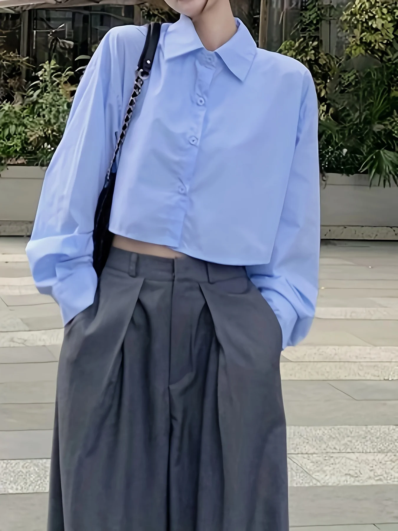 Solid Polo Collar Button Crop Shirt, Casual Long Sleeve Shirt For Spring & Fall, Women's Clothing - Deanwangkt