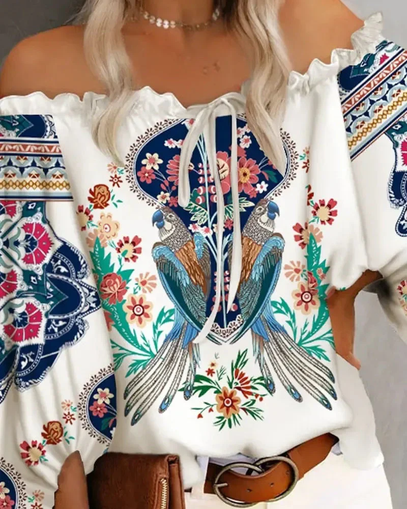 Deanwangkt - Vintage Tribal Print Off Shoulder Frill Hem Top - Deanwangkt