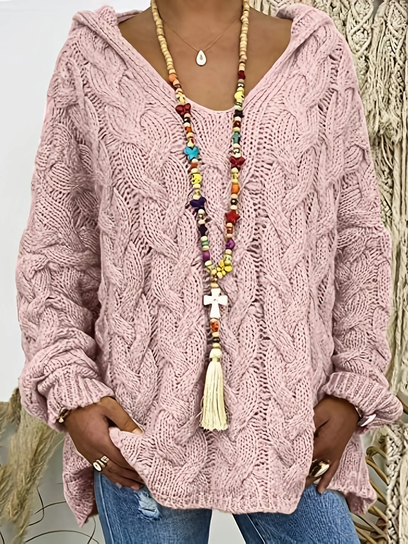 deanwangkt-1  Solid Oversize Knit Pullover Hooded Sweaters, Casual V Neck Sweater For Fall & Winter, Women's Clothing - Deanwangkt