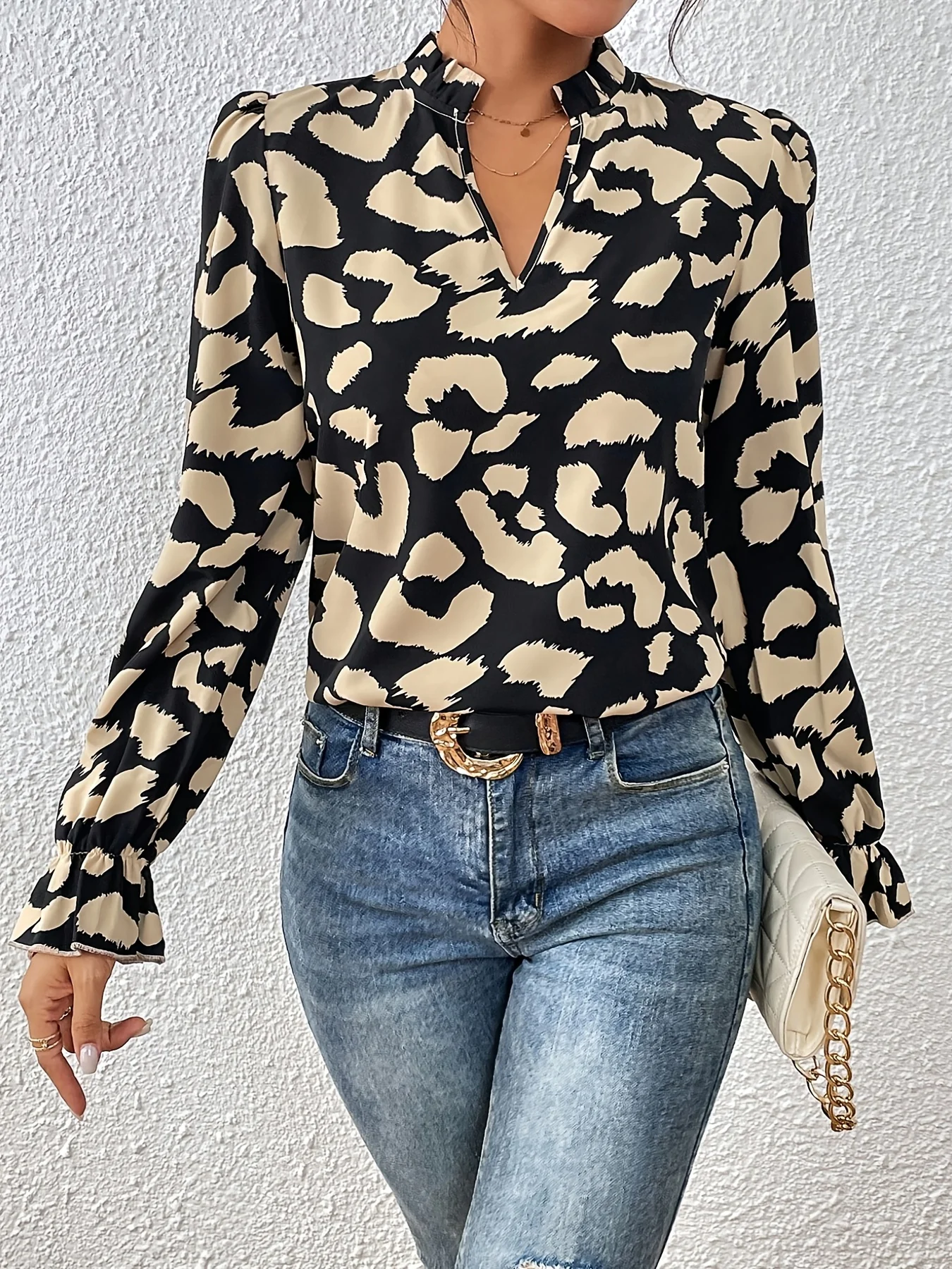 Allover Print Notched Neck Blouse, Casual Flounce Sleeve Blouse For Spring & Fall, Women's Clothing - Deanwangkt