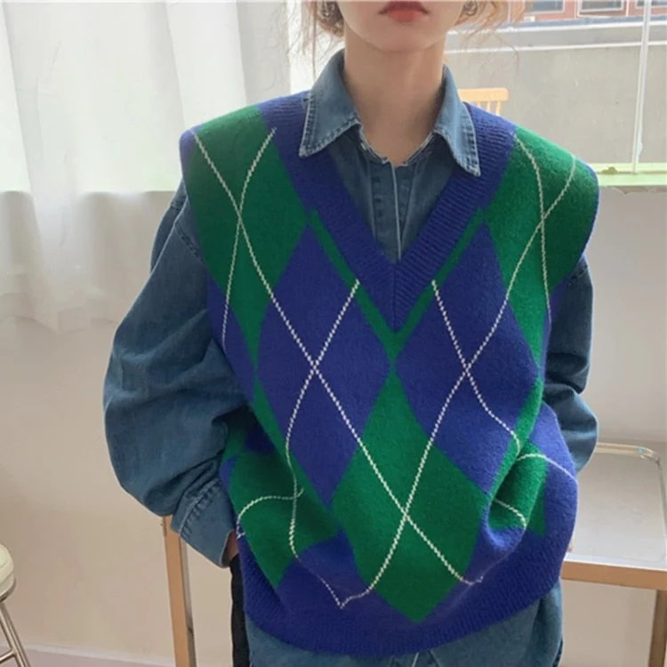 Christmas Gift  Deanwangkt New Autunm Winter Women Sweater Pullover Vest Sleeveless Oversized Knitted Checkered Vintage Lady Tops SWV1397JX - Deanwangkt