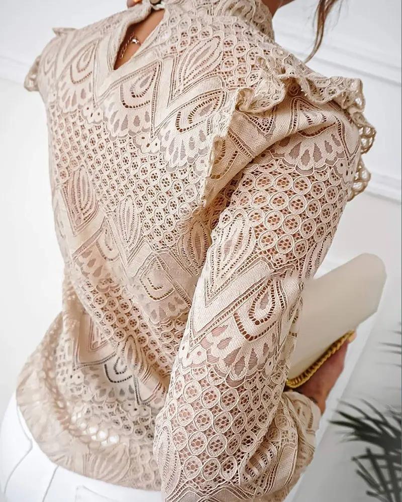 Deanwangkt - Hollow Out Ruffled Lace Long Sleeve Top - Deanwangkt