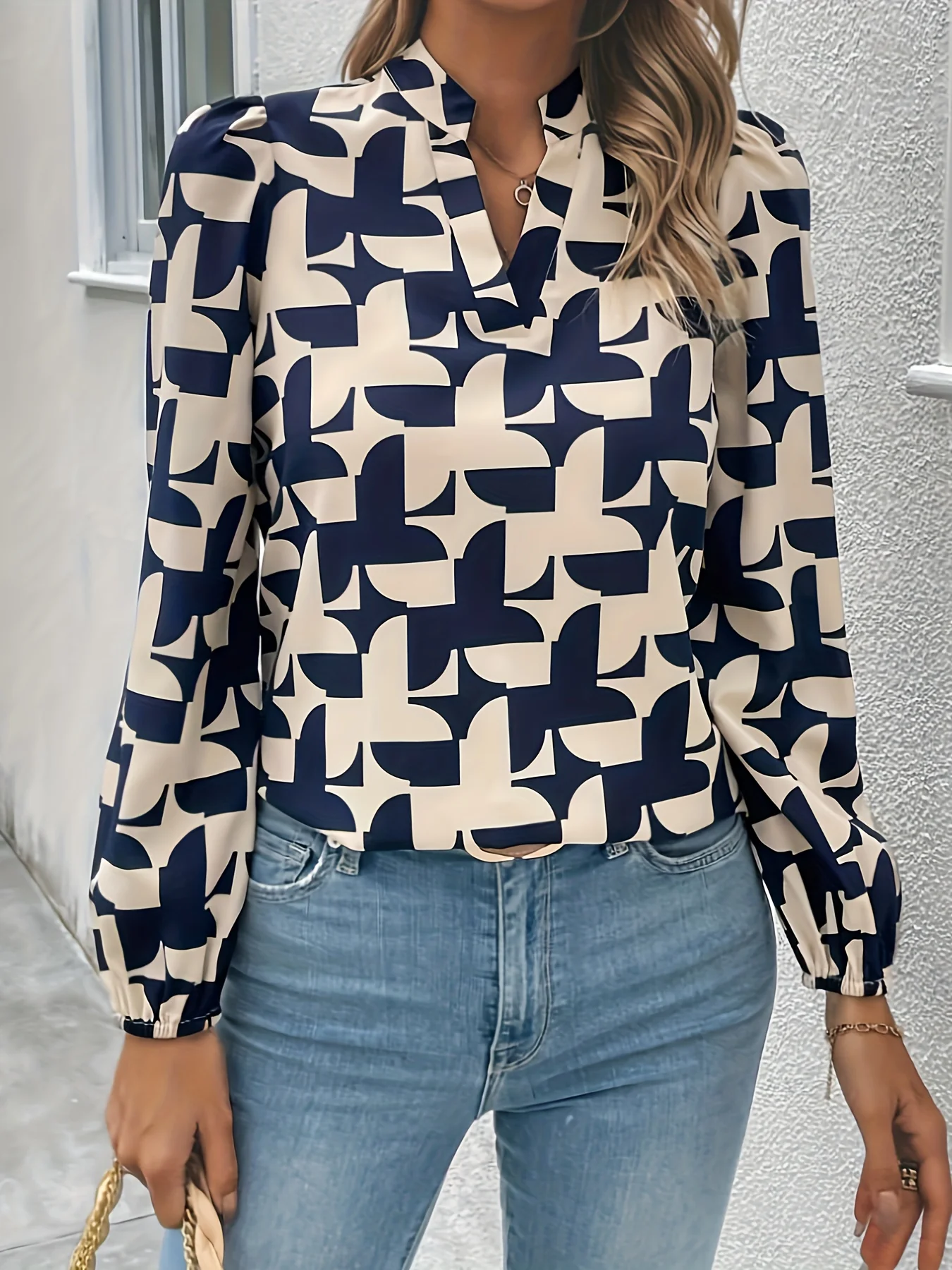 Graphic Print Notched Neck Blosue, Elegant Long Sleeve Blouse For Spring & Fall, Women's Clothing - Deanwangkt