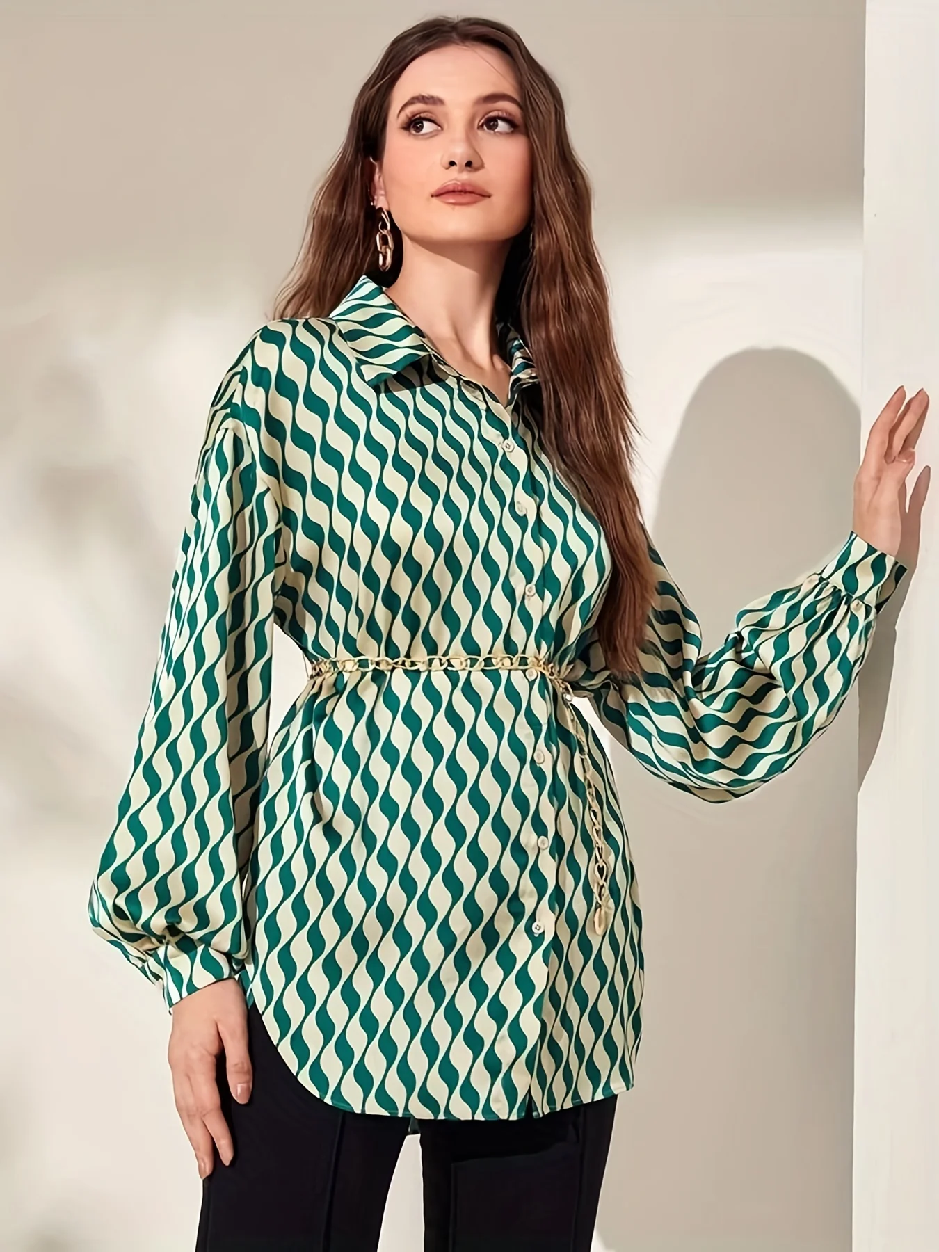 Allover Print Button Front Blouse, Casual Lantern Sleeve Lapel Blouse For Spring & Fall, Women's Clothing - Deanwangkt