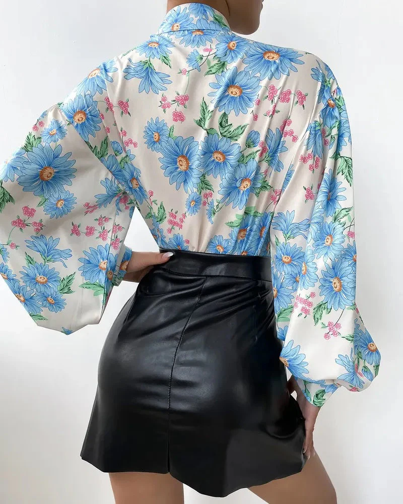 Deanwangkt - Floral Print Lantern Sleeve Button Up Top - Deanwangkt