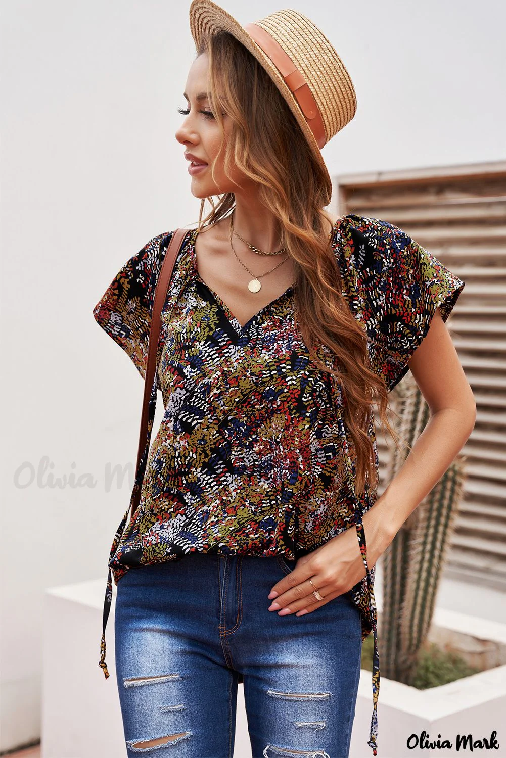 Deanwangkt - Fancy multicolored ruffled blouse with V-neck and short sleeves - Deanwangkt