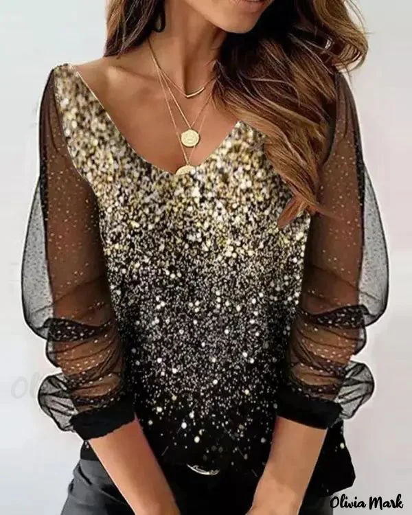 Deanwangkt - Contrast Mesh Long Sleeve Printed Top - Deanwangkt