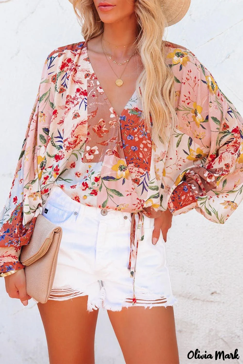 Deanwangkt - Multicolor Patchwork Floral Print V-Neck Wrap Blouse - Deanwangkt