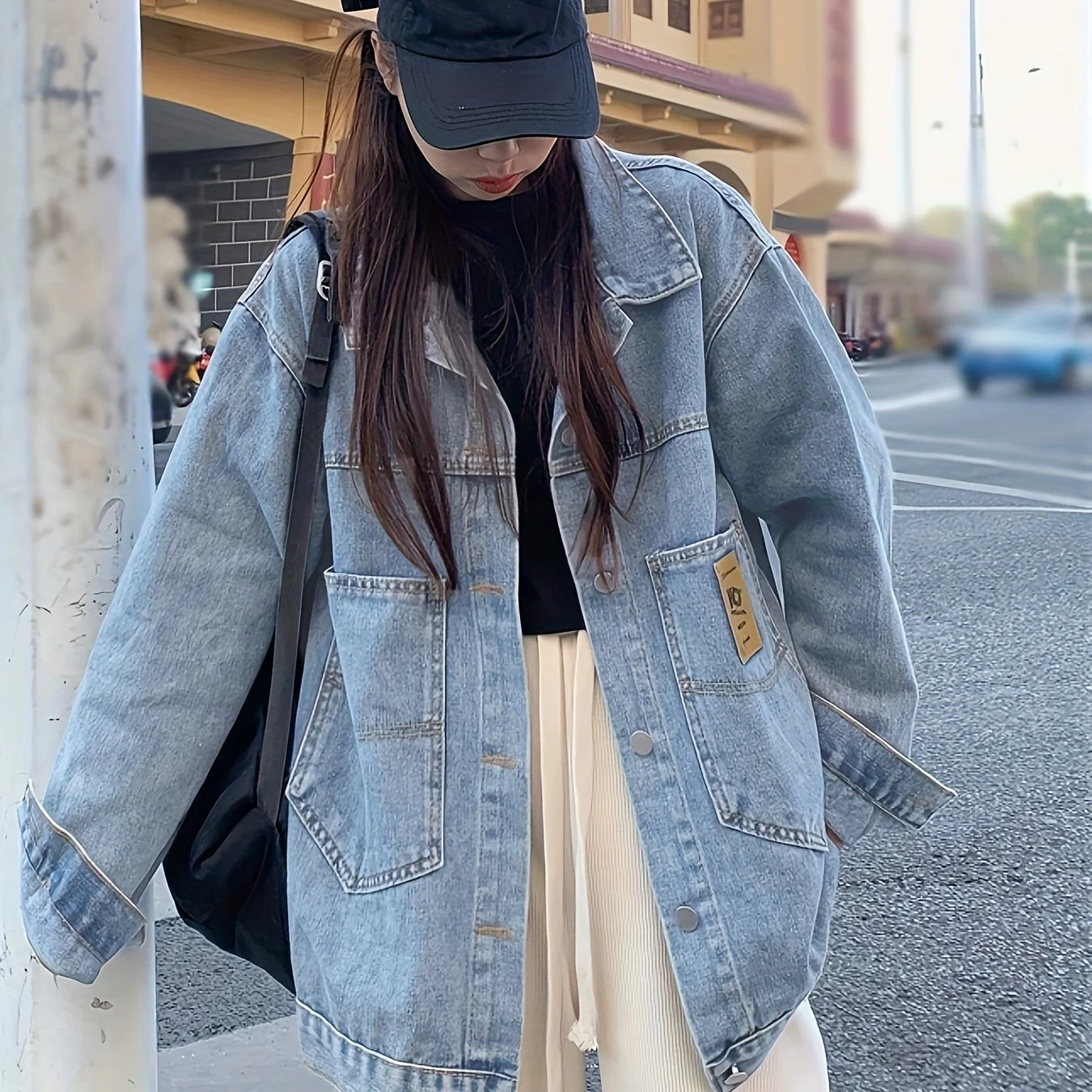 Blue Loose Fit Lapel Denim Coat, Long Sleeves Single Breasted Button Denim Jacket, Women's Denim Clothing - Deanwangkt