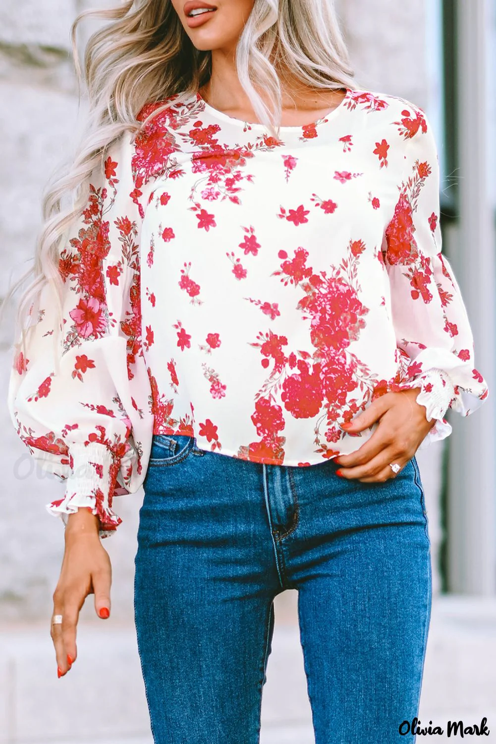 Deanwangkt - Pink floral blouse with round neck and bishop sleeves - Deanwangkt