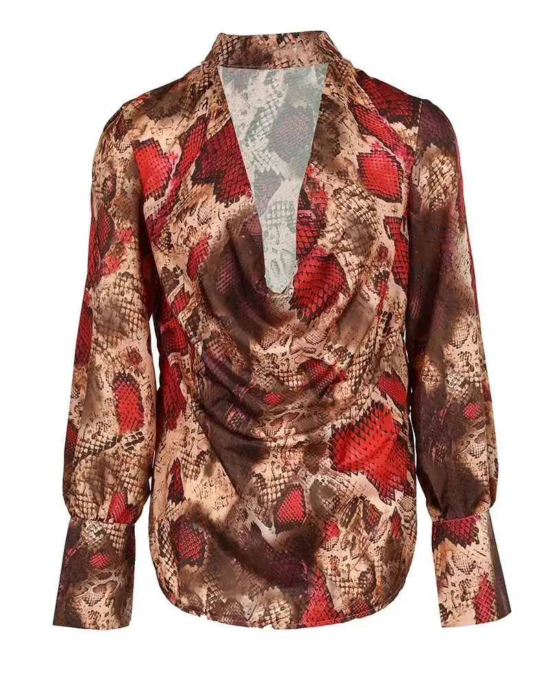 Deanwangkt - Snakeskin Print Cowl Neck Long Sleeve Top - Deanwangkt
