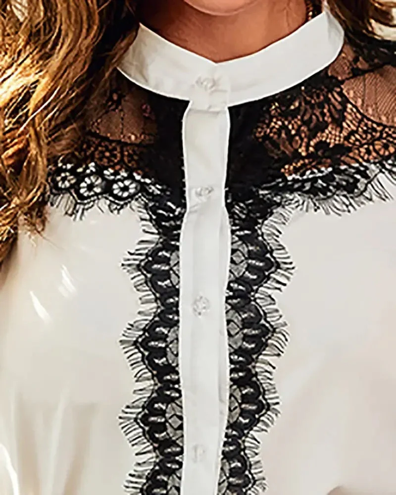 Deanwangkt - Long sleeve button up top with fringed lace patch - Deanwangkt