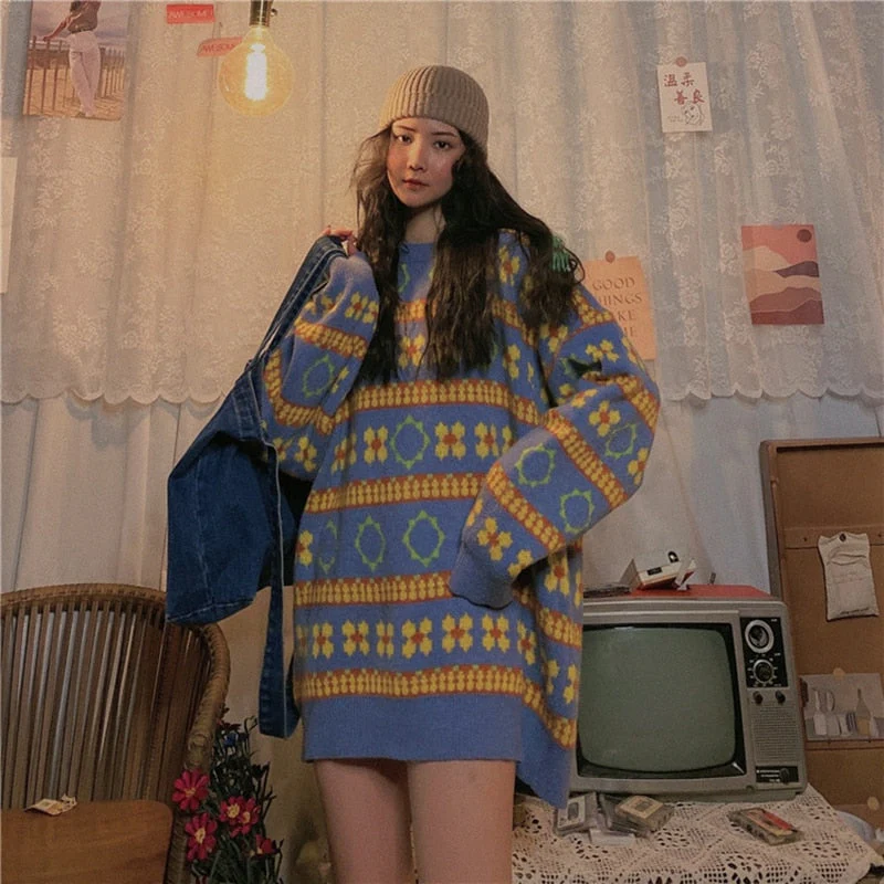 Black Friday Sales Retro Striped Women Sweater Pullover Tops Autumn Winter Thick Loose Long-Sleeved Round Neck Harajuku Street Style Sweater Women - Deanwangkt