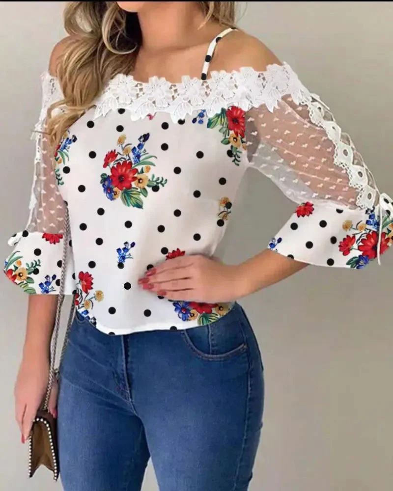 Deanwangkt - Polka Dot Lace Floral Off-the-Shoulder Top - Deanwangkt